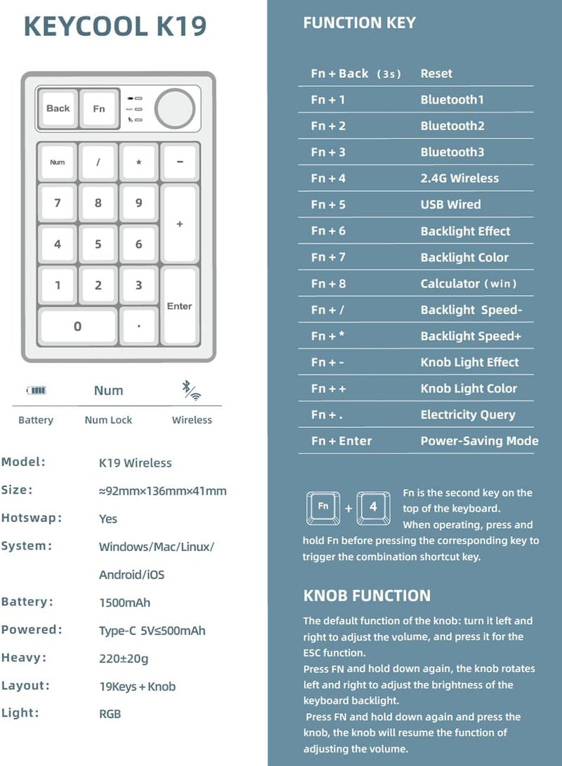 TISHLED Wireless Mechanical Numpad Barebones Kit, Gasket Programmable Macro Numeric Keyboard DIY, 19-Key Custom Number Pad with Metal Volume Knob, Hot Swappable, RGB Backlit, NKRO for Win/Mac, White - Image 2